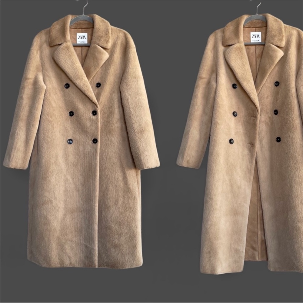 ZARA BLOGGER FAVE Camel
Tan Beige Faux Fur Double
Breasted Teddy Trench Coat